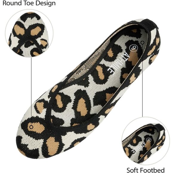 Women Knit Ballet Leopard Flats Round Toe Comfortable Dressy Casual Work Shoes - Picture 4 of 5
